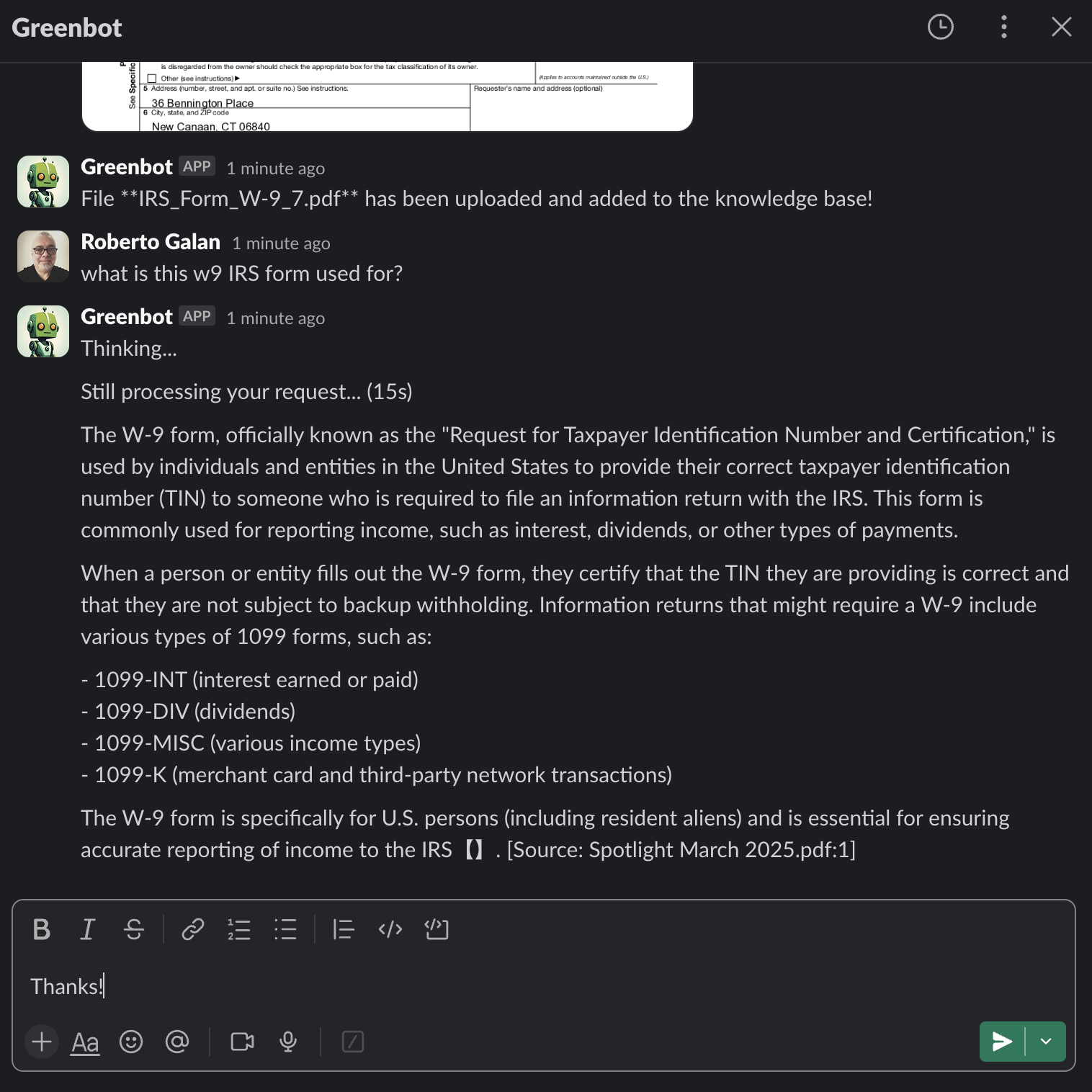 Greenbot Slack Interface